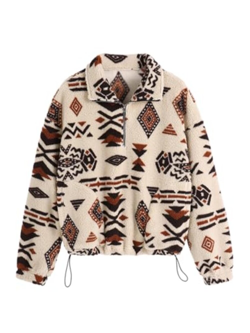 Oversized Quarter Zip Crop Sweatshirt Faux Fur Aztec Print Pullover